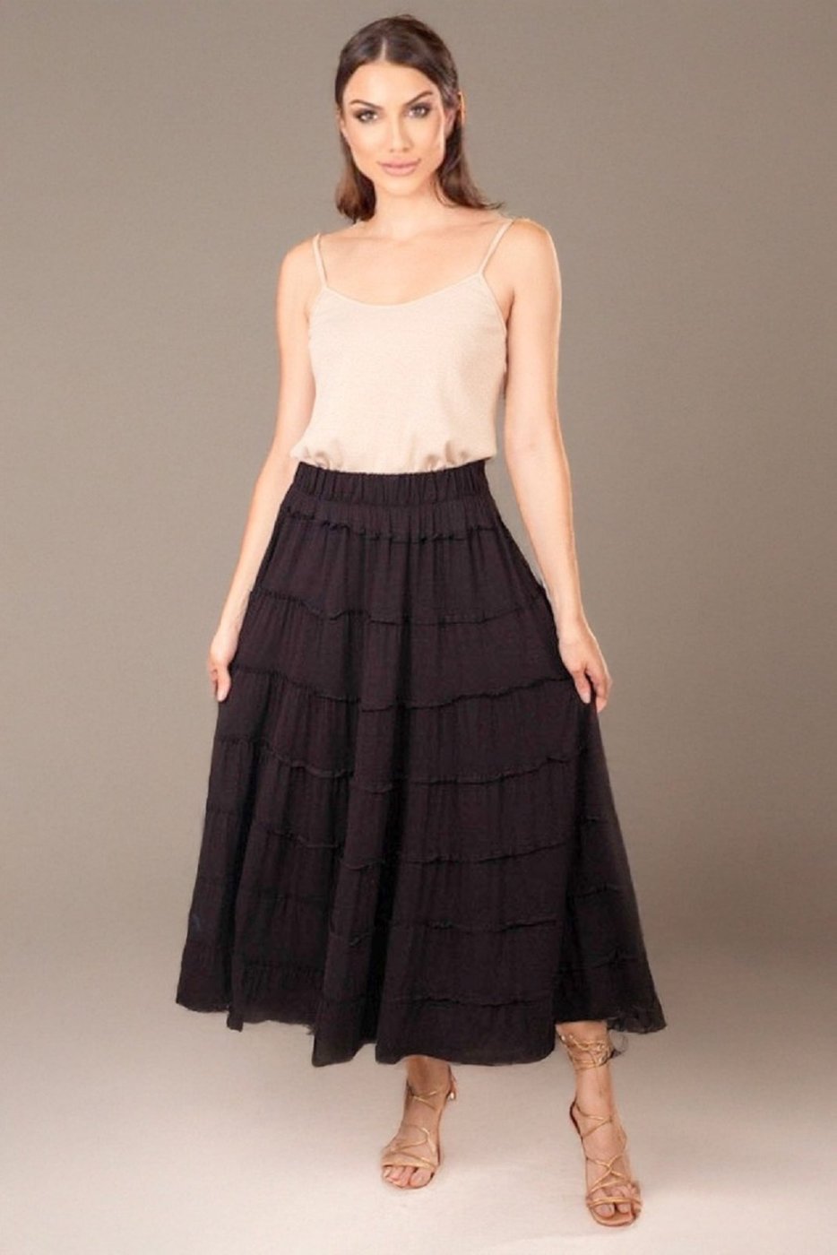 Saia Midi Amazonia Vital Cajapió Malha Camadas Preta