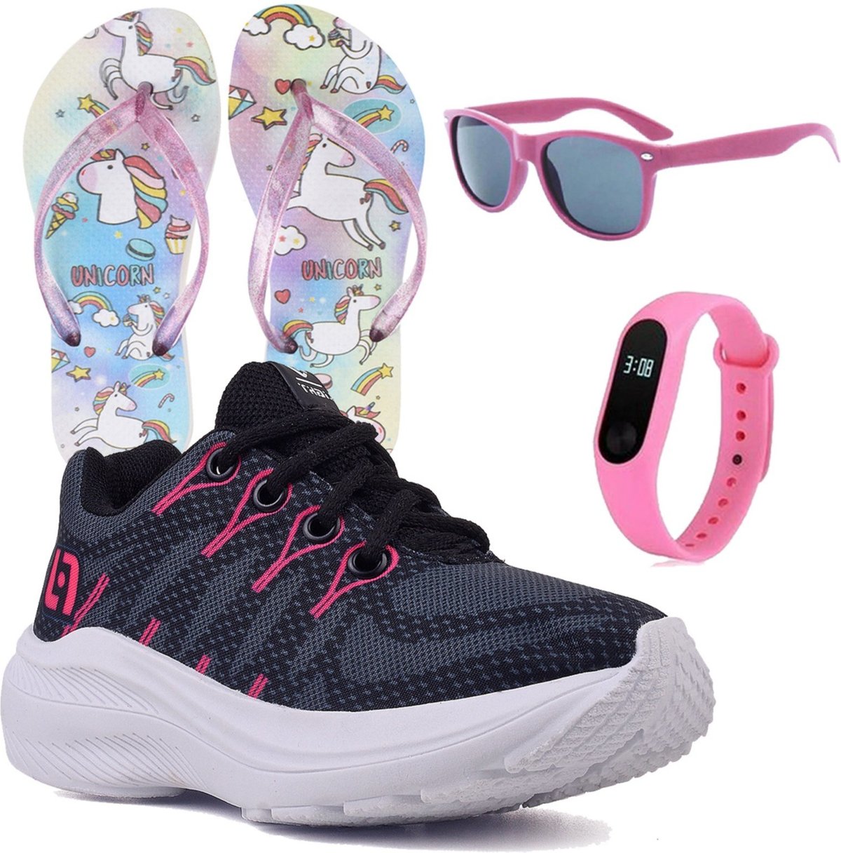 Infantil - Tenis Meninas Casual Preto e Feminino + Chinelo Óculos e Relógio