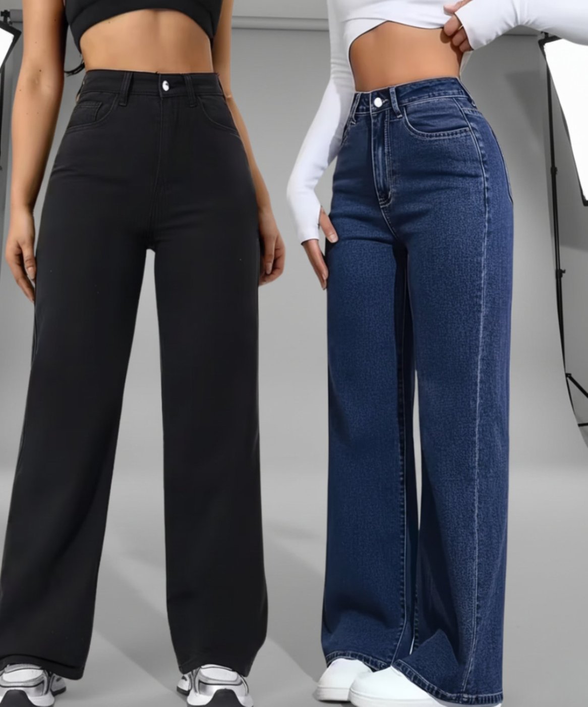 Kit 2 Calças Widleg Feminina Jeans Alpha Street Wear Estilo Gringa Fashion e Confortavel Azul Preto e Azul Escuro