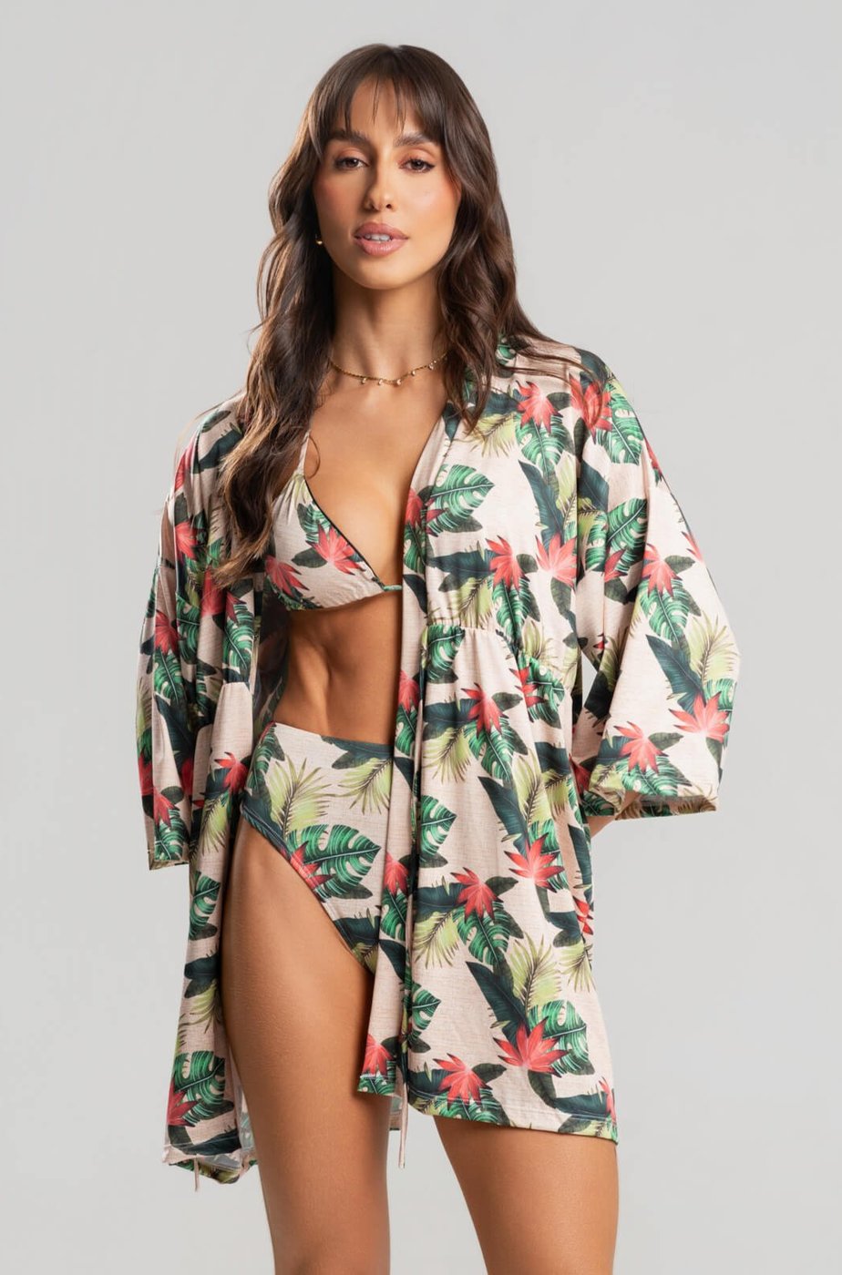 Imagem principal Saida de Praia Kimono Vicbela Curto Manga Longa Camisão De Amarrar Proteção UV branco/estampado Vicbela branco/estampado