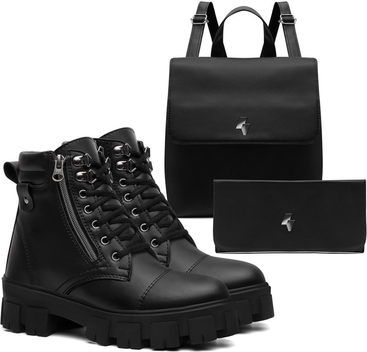 Imagem principal Kit Bota Feminina Cano Curto Anna Andrade Coturno Tratorado Militar Casual Bolsa e Carteira preto Anna Andrade preto