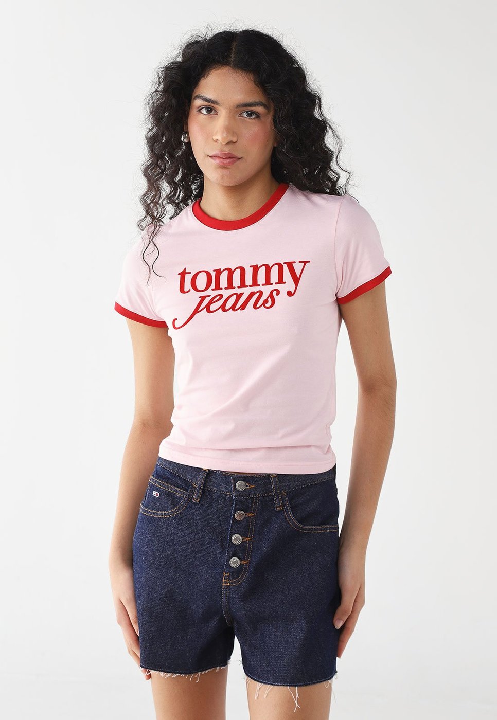 Imagem principal Camiseta Feminina Tommy Jeans Slim Script Ringer Tee Claro rosa Tommy Jeans rosa