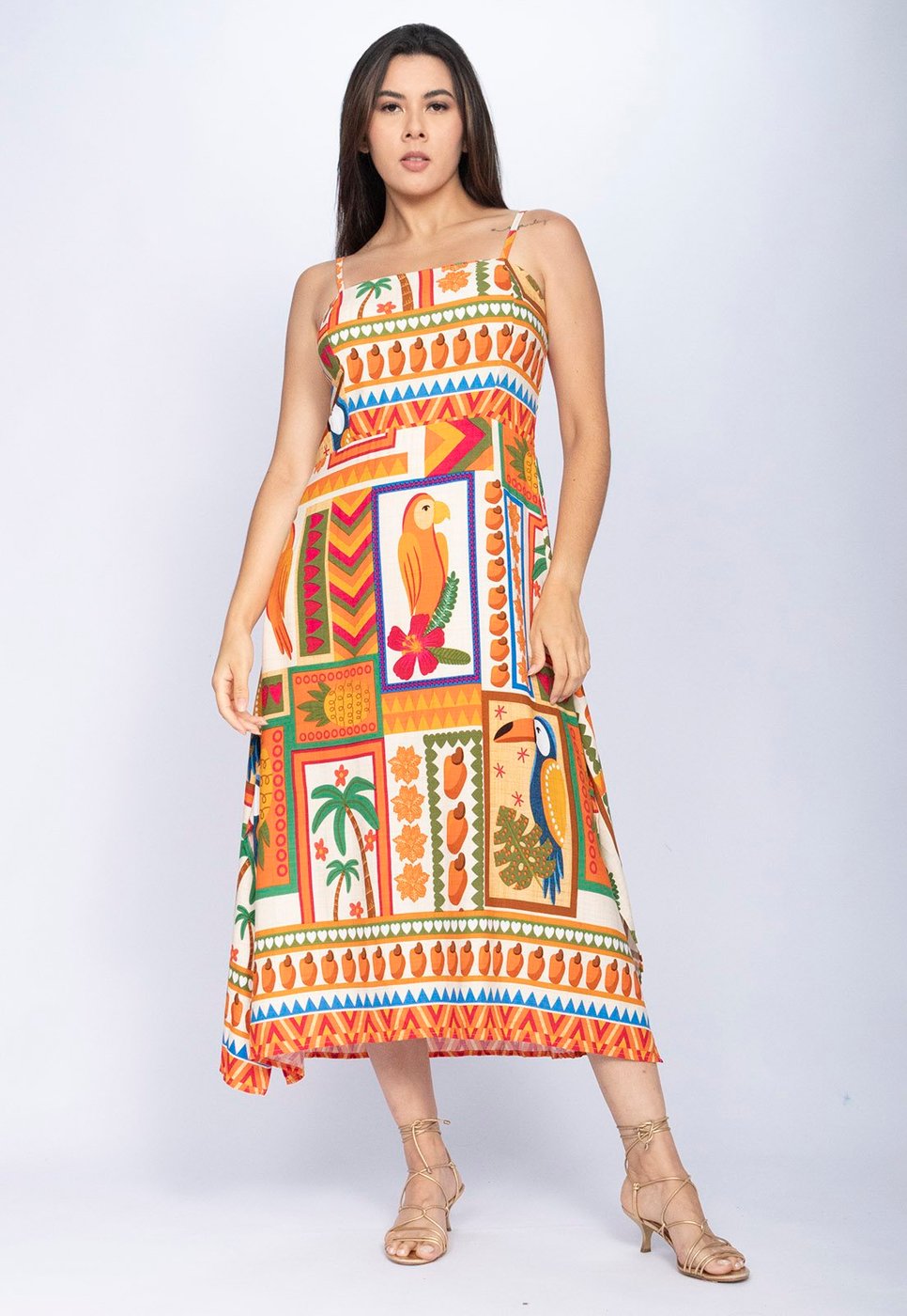 Imagem principal Vestido Midi Amazônia Vital Alça Fina Estampa Viva Amazônia Amazonia Vital estampado/laranja/verde/vermelho