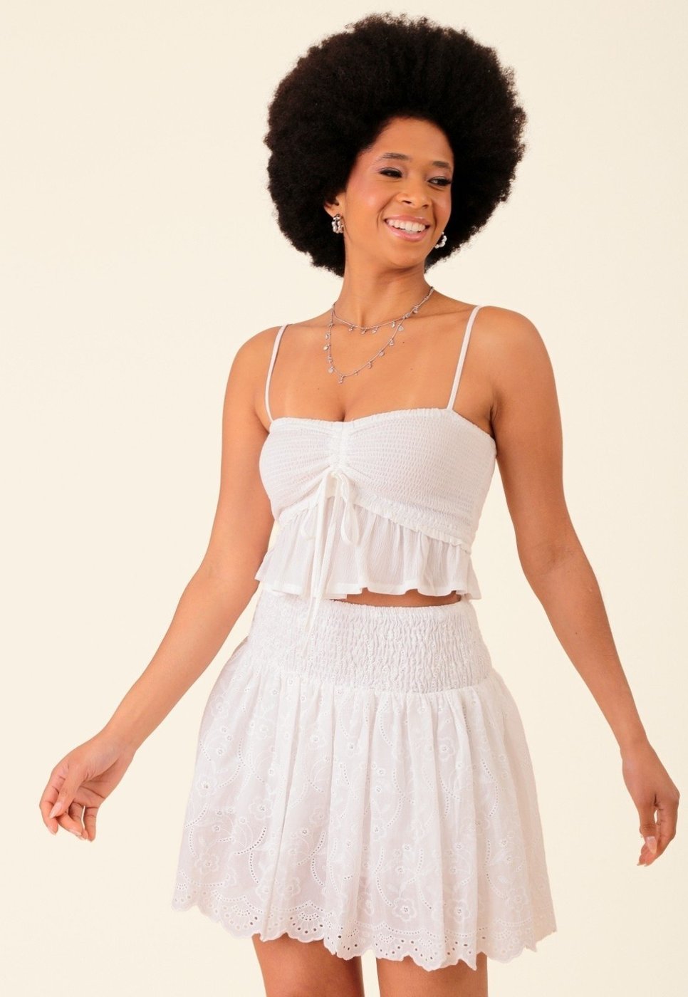 Saia Curta Pop Me Em Laise Cós Com Elastex Branca