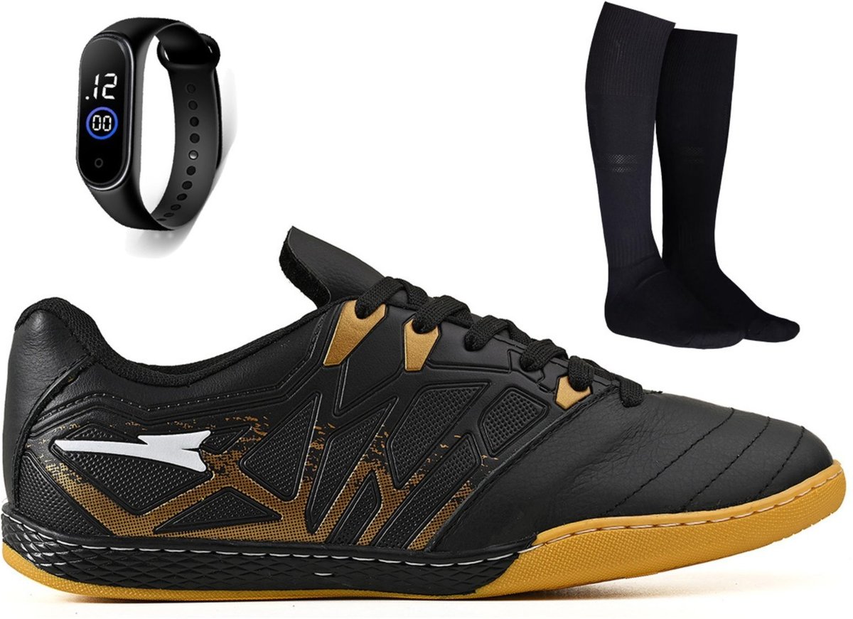 Imagem principal Kit Chuteira Futsal Quadra Bico de Couro Futebol Salao + Meião + Relogio Adulto CALCADOS LGHT LIGHT preto CALCADOS LGHT LIGHT preto