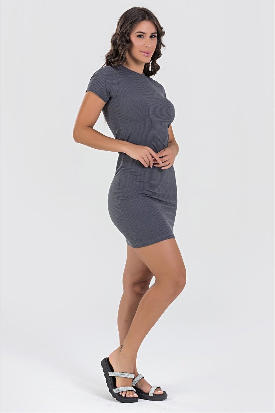 Vestido Tubinho Canelado com Manga Chumbo