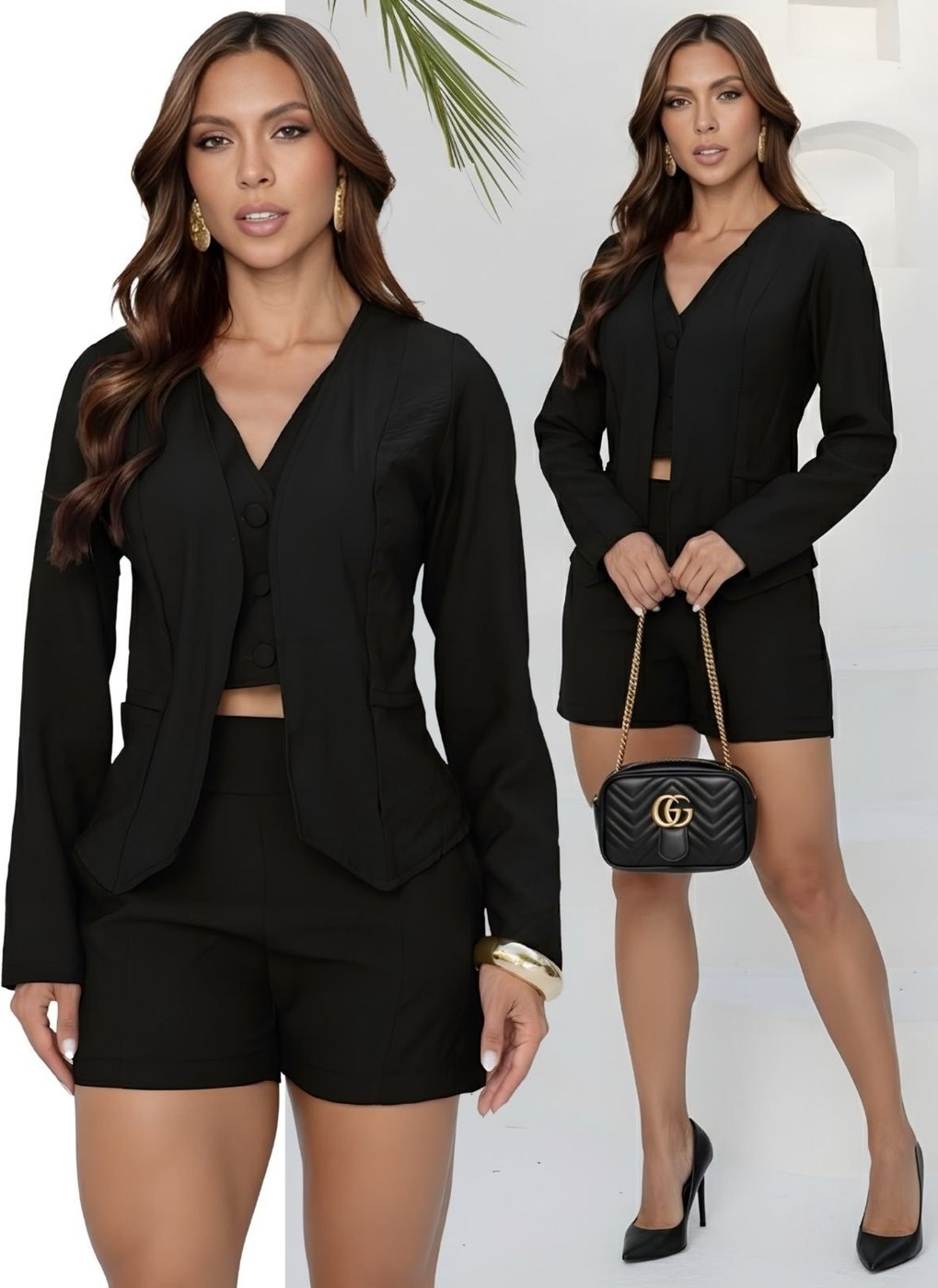 Conjunto Feminino Tropical Fashion Colete Cropped Duplo Shorts Alfaiataria