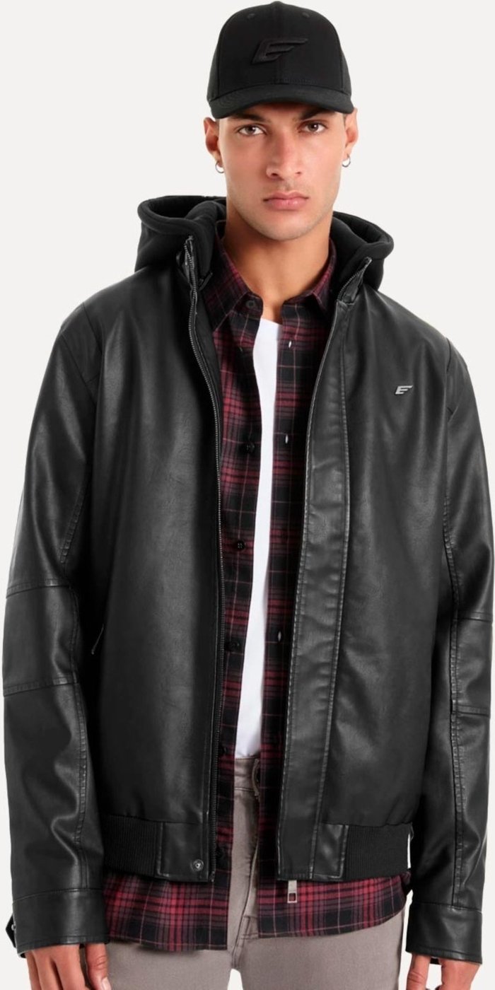 Jaqueta Ellus Masculina Vegan Couro Bomber Hoodie Preta