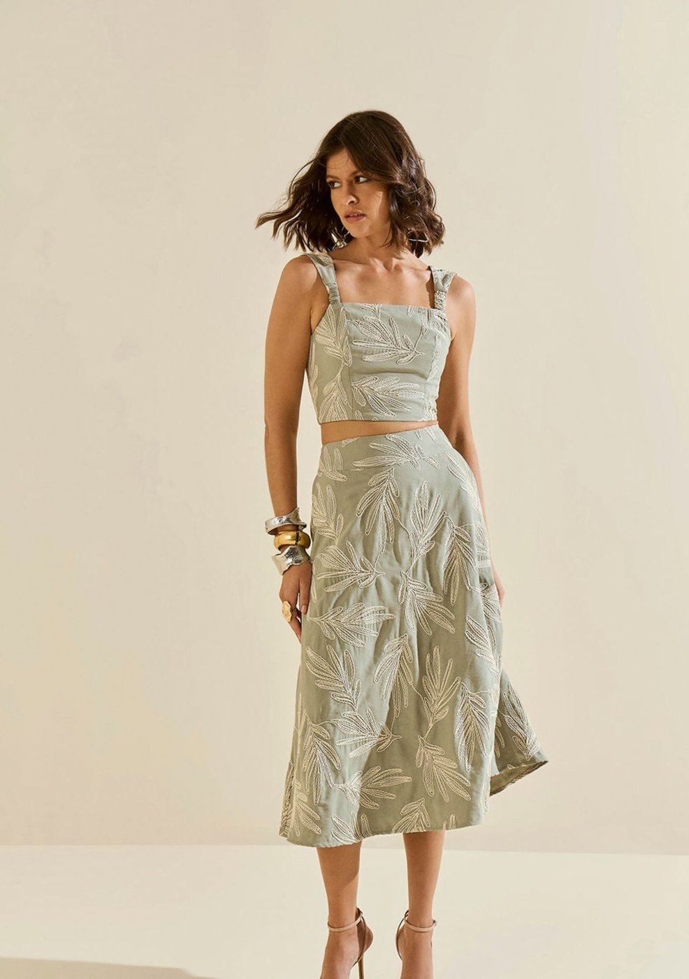 Saia Morena Rosa Evasê Alta Midi Verde