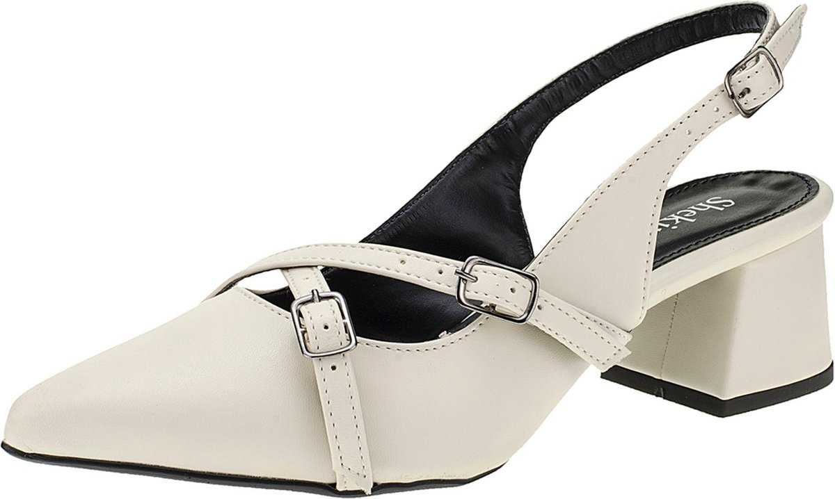 Imagem principal Sapato Scarpin Bico Fino Feminino Salto Baixo Slingback Shekinah Fivelas Confortável Off White off-white white Shekinah off-white white