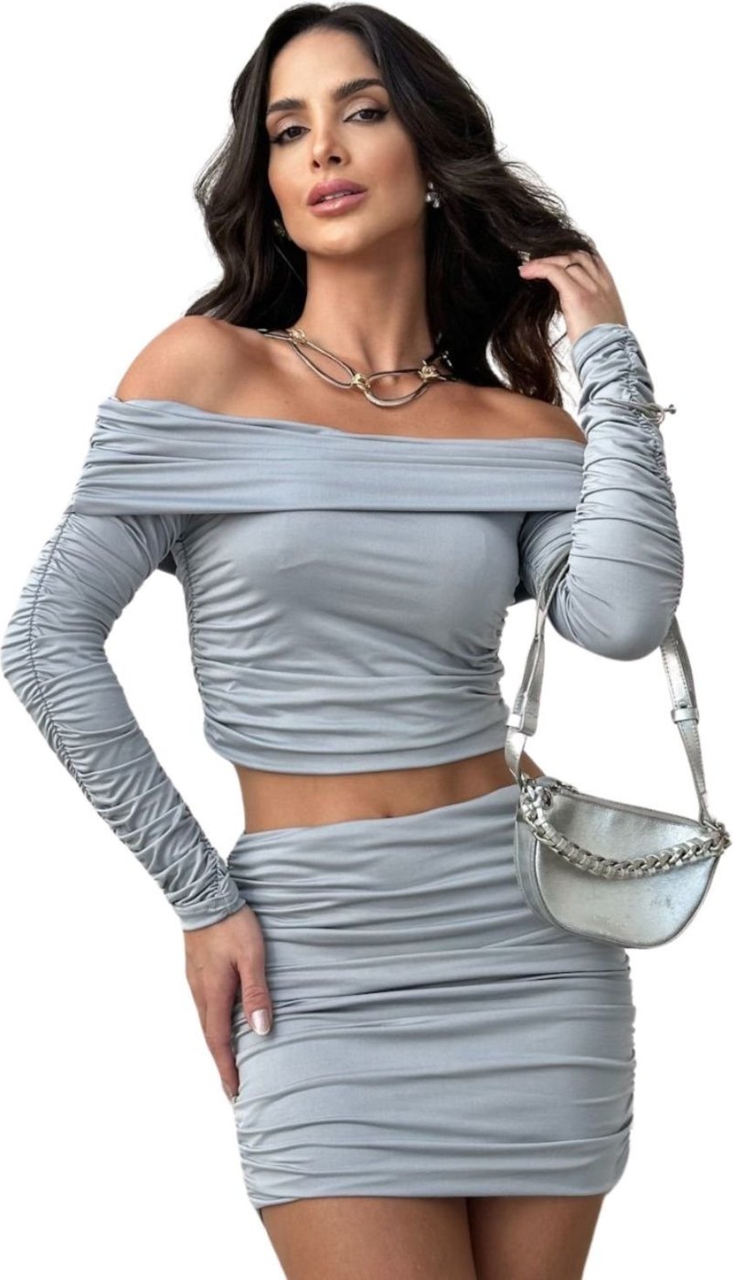 Conjunto Carnaval Blusa Manga Longa Ombro à Ombro e Saia Curta Balada Fluity Zany