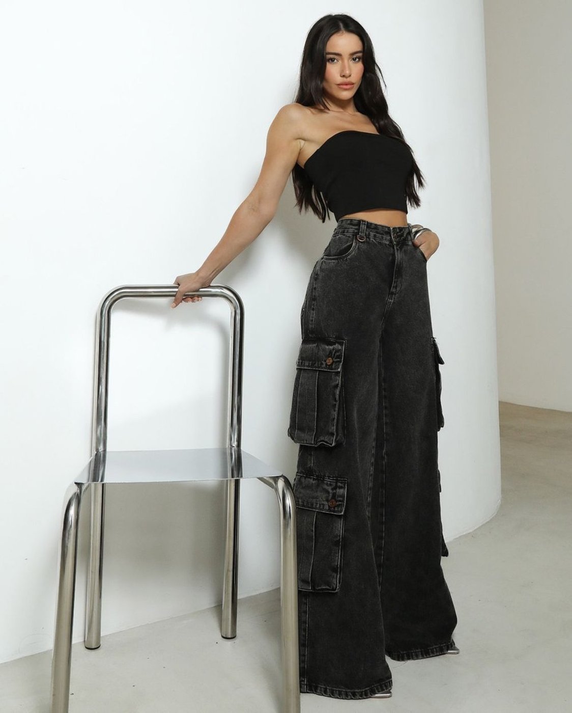 Calça Jeans Wide Leg Feminina Relaxed Cargo 24805 Vintage