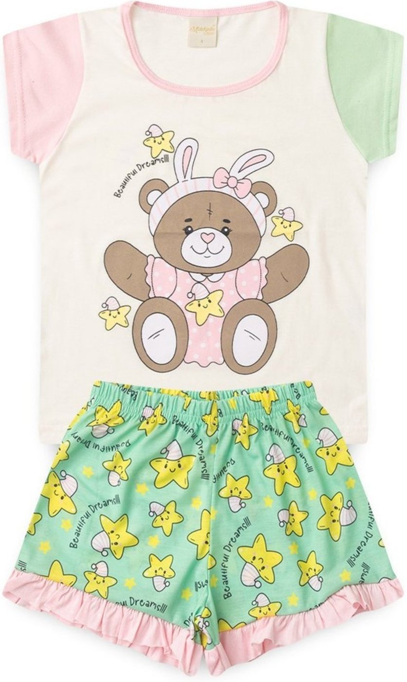 Pijama Verão Menina Natural Blusa e Shorts Ursinha dos Sonhos