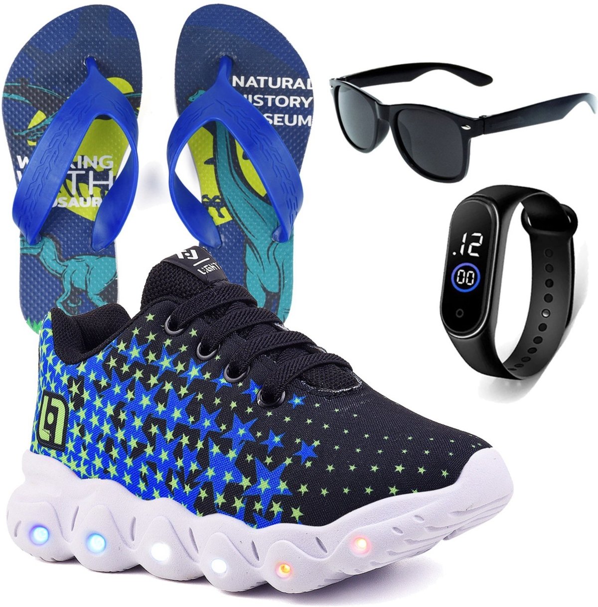 Imagem principal Infantil - Tenis De Led Meninos Casual Preto e Com Luzes + Chinelo Óculos e Relógio CALCADOS LGHT LIGHT azul CALCADOS LGHT LIGHT azul