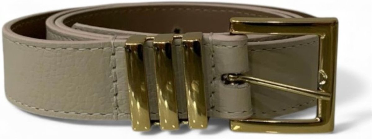 Cinto Feminino em Couro Fivela Quadrada Dourada 006 Off White
