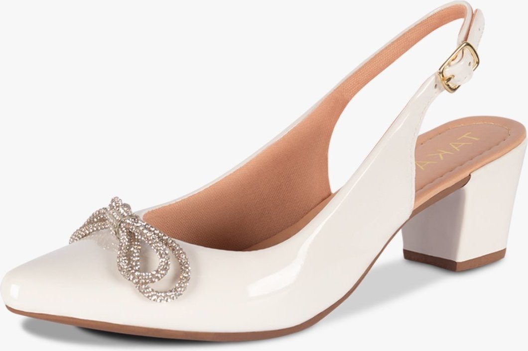 Scarpin Slingback Bico Fino Laço Strass Salto Bloco Baixo