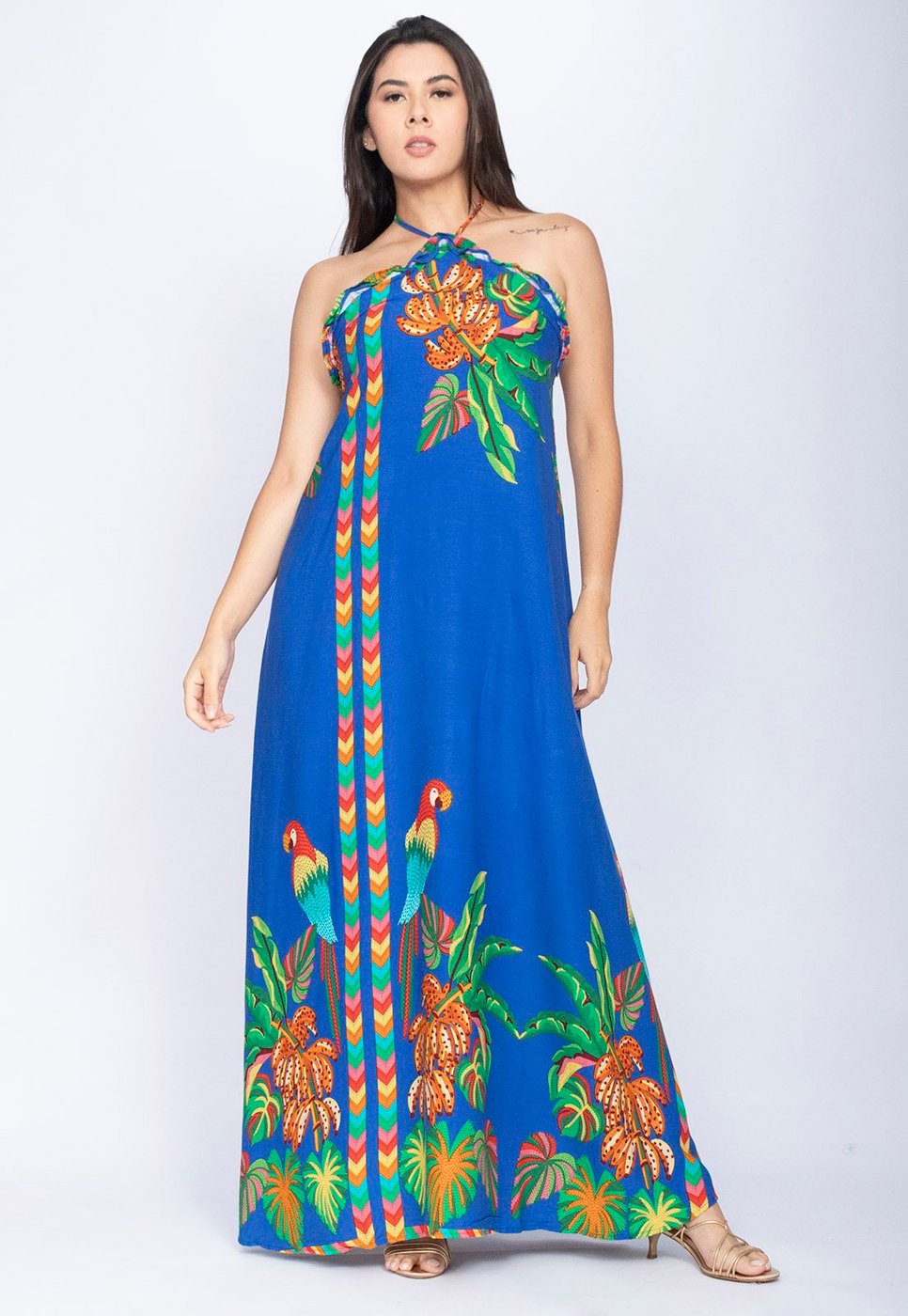Vestido Amazônia Vital Trapézio Longo Estampa Ararê Blue