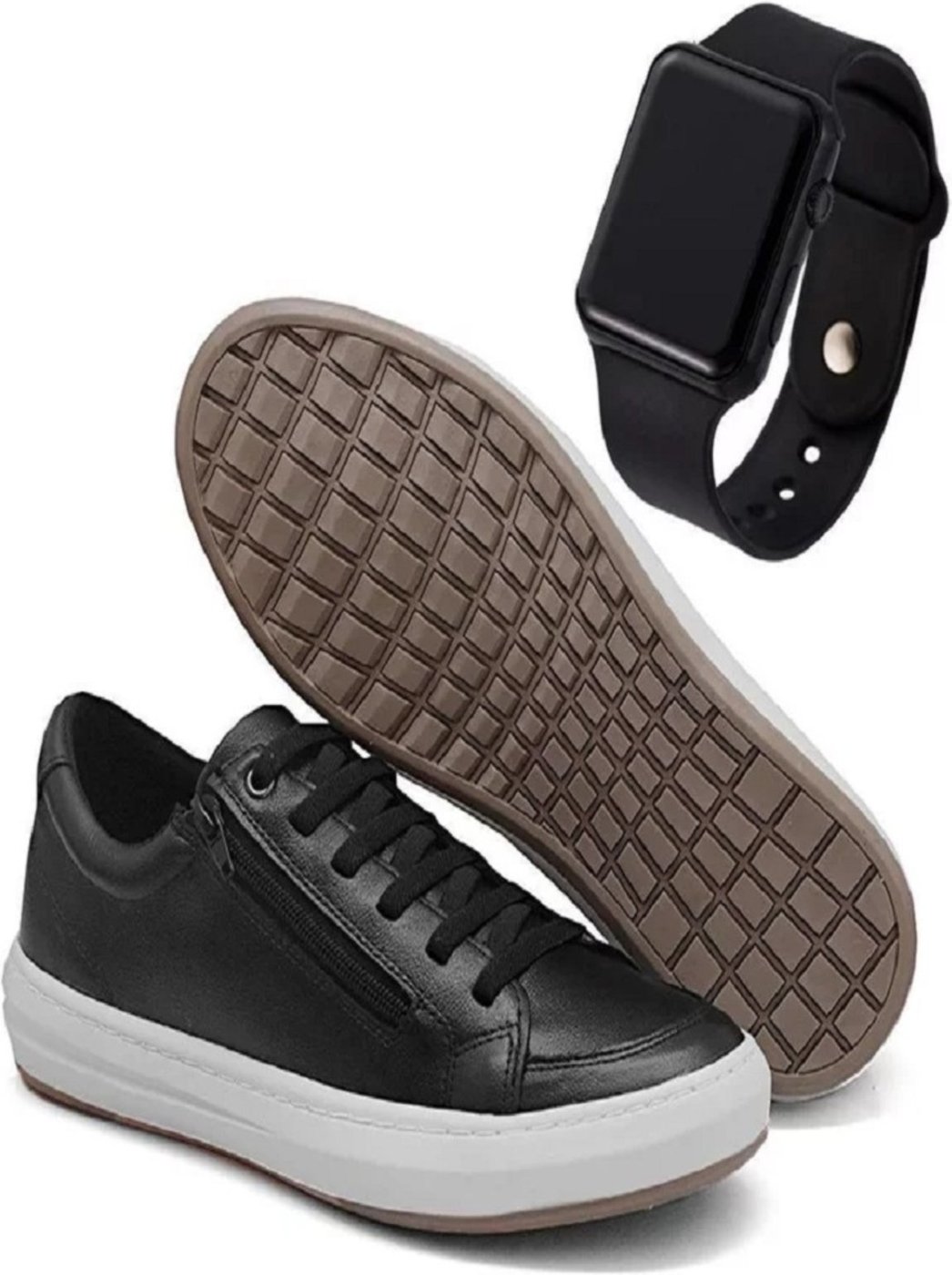 Imagem principal Tênis Casual Sapatênis Em Couro Calce Fácil Zíper Lateral + SmartWatch Brinde Nine4 preto Nine4 preto