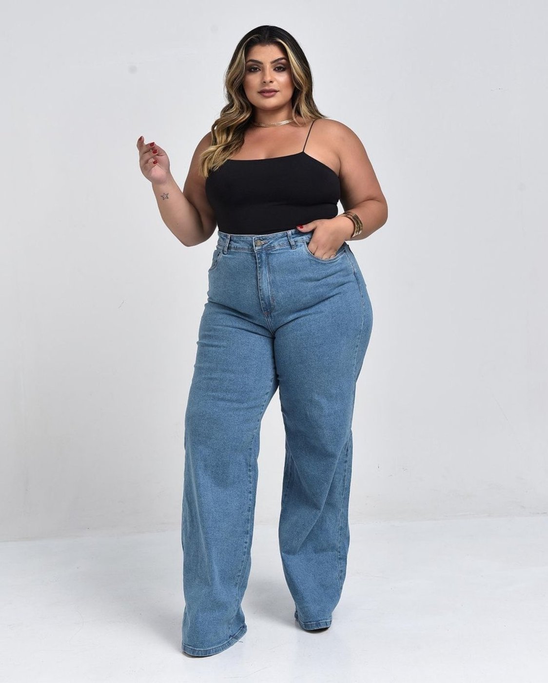 Calça Wide Leg Plus Size Feminina Cintura Alta Básica 28006 Média