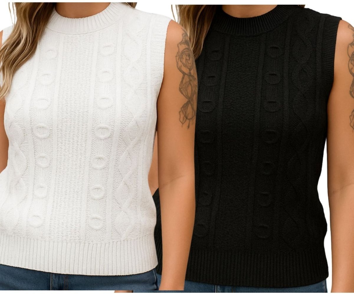 Imagem principal Kit 2 Blusas Tricô FMF Preta e Branca Sem Manga Básica Casual preto FMF preto