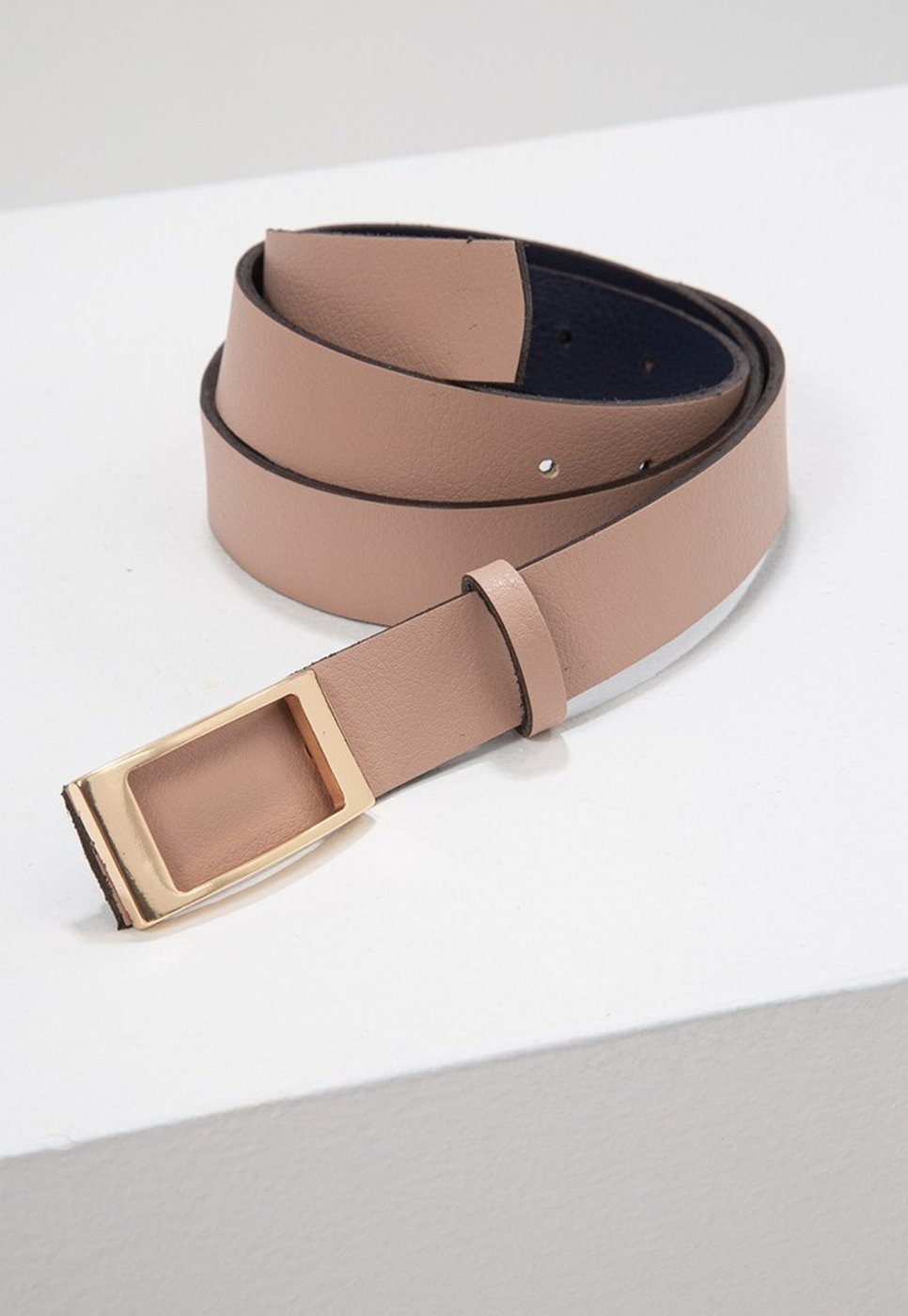 Cinto Bicolor Dupla Face Marinho e Nude Rosê com Fivela Retangular Ariadna