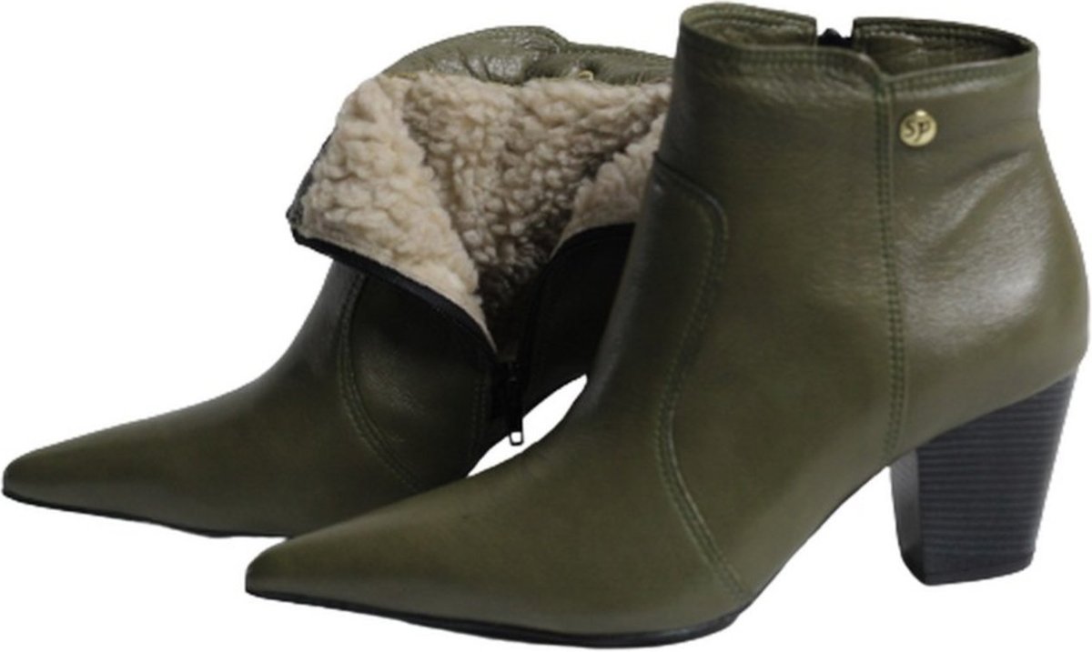 Imagem principal Bota Feminina em Lã Sintética Bico Fino Cano Curto Couro Salto 6 CM Verde Spinelli verde militar Spinelli verde militar