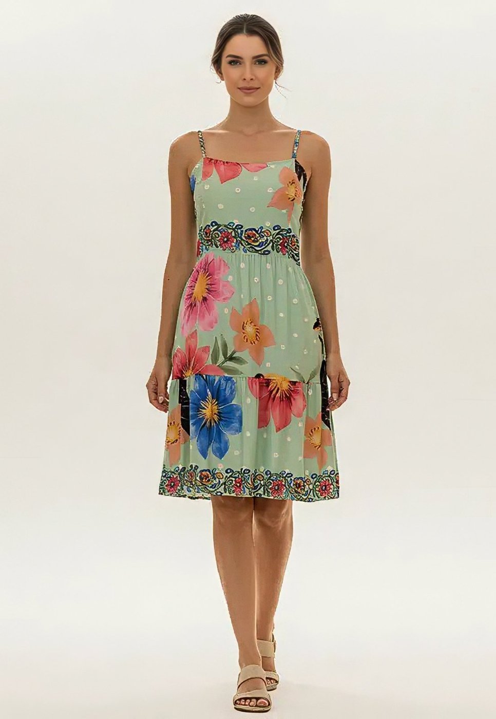 Vestido CabanaFree Curto Alça Fina Estampa Flor de Água