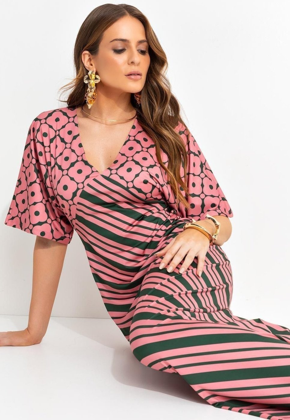 Imagem principal Vestido Em Malha Fria Listrado Bicolor Quintess rosa Quintess rosa