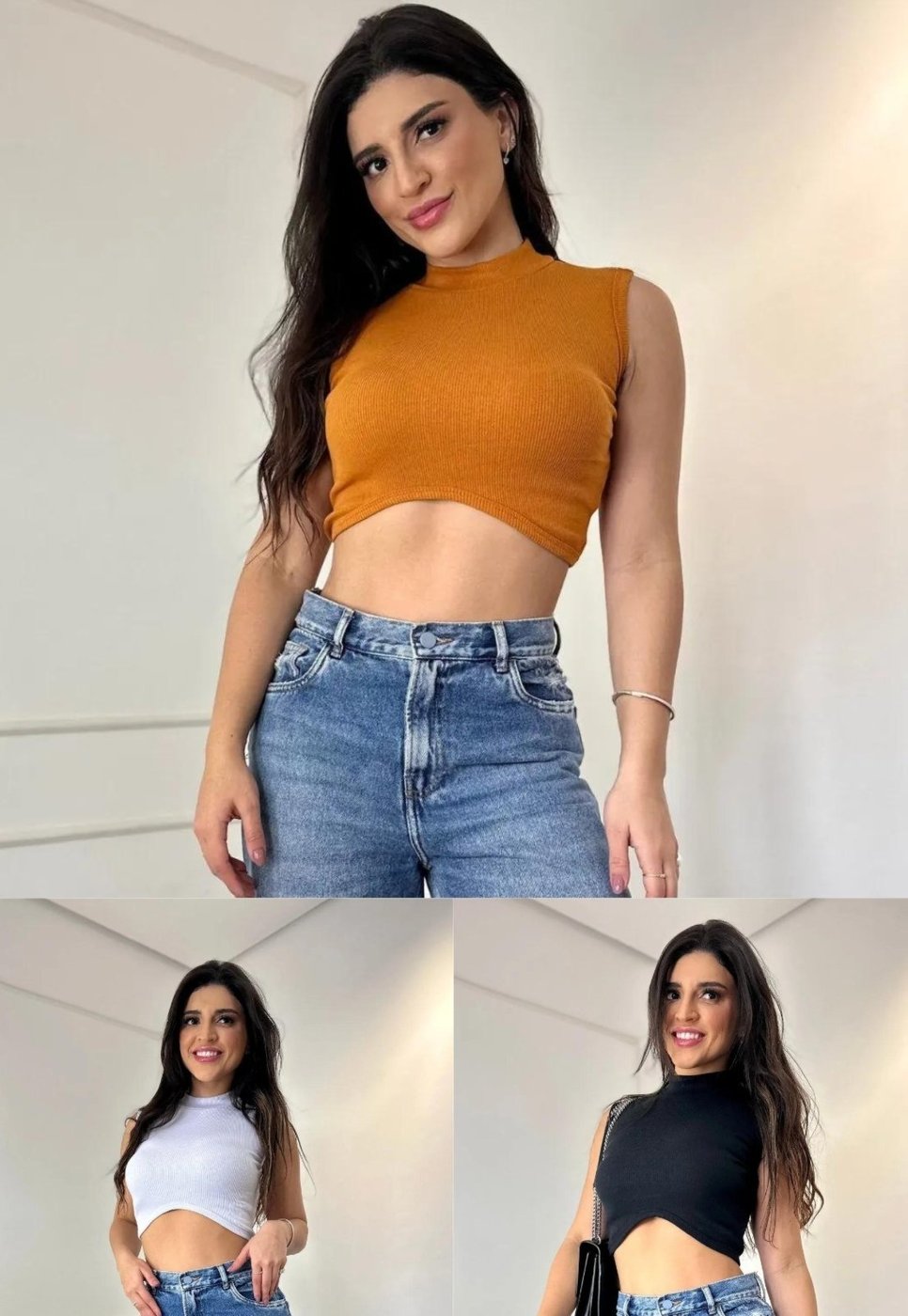 Kit Cropped Regata Francisca 3 peças: Mostarda, Branco e Preto