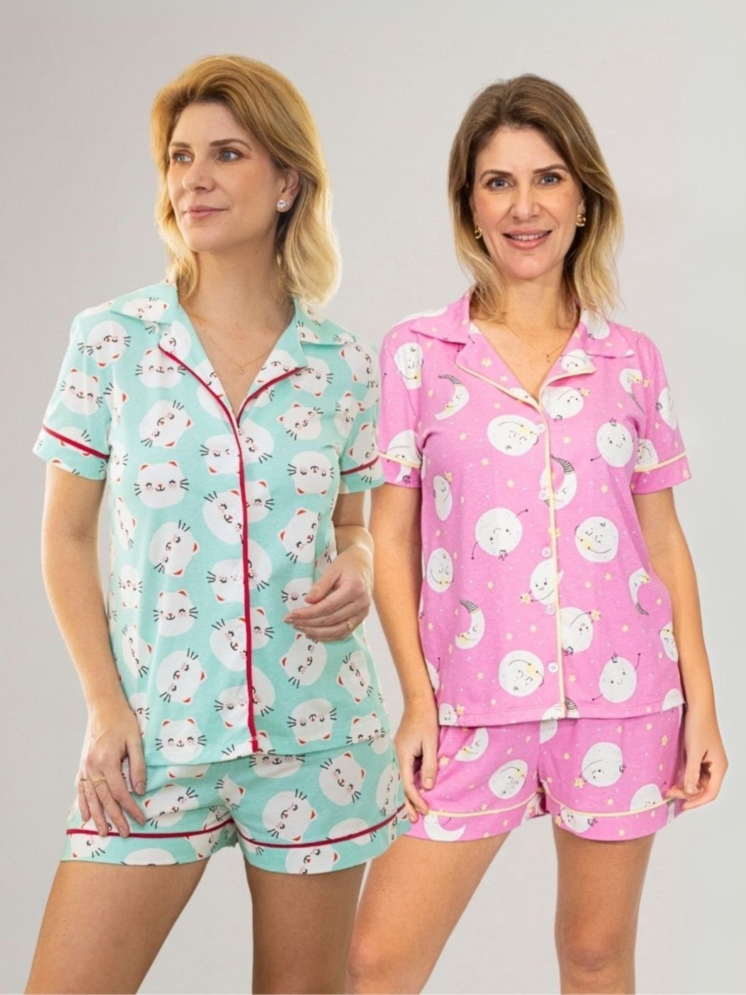 KIT Pijama Americano Curto Gatinhos + Pijama Americano Curto Lua Rosa