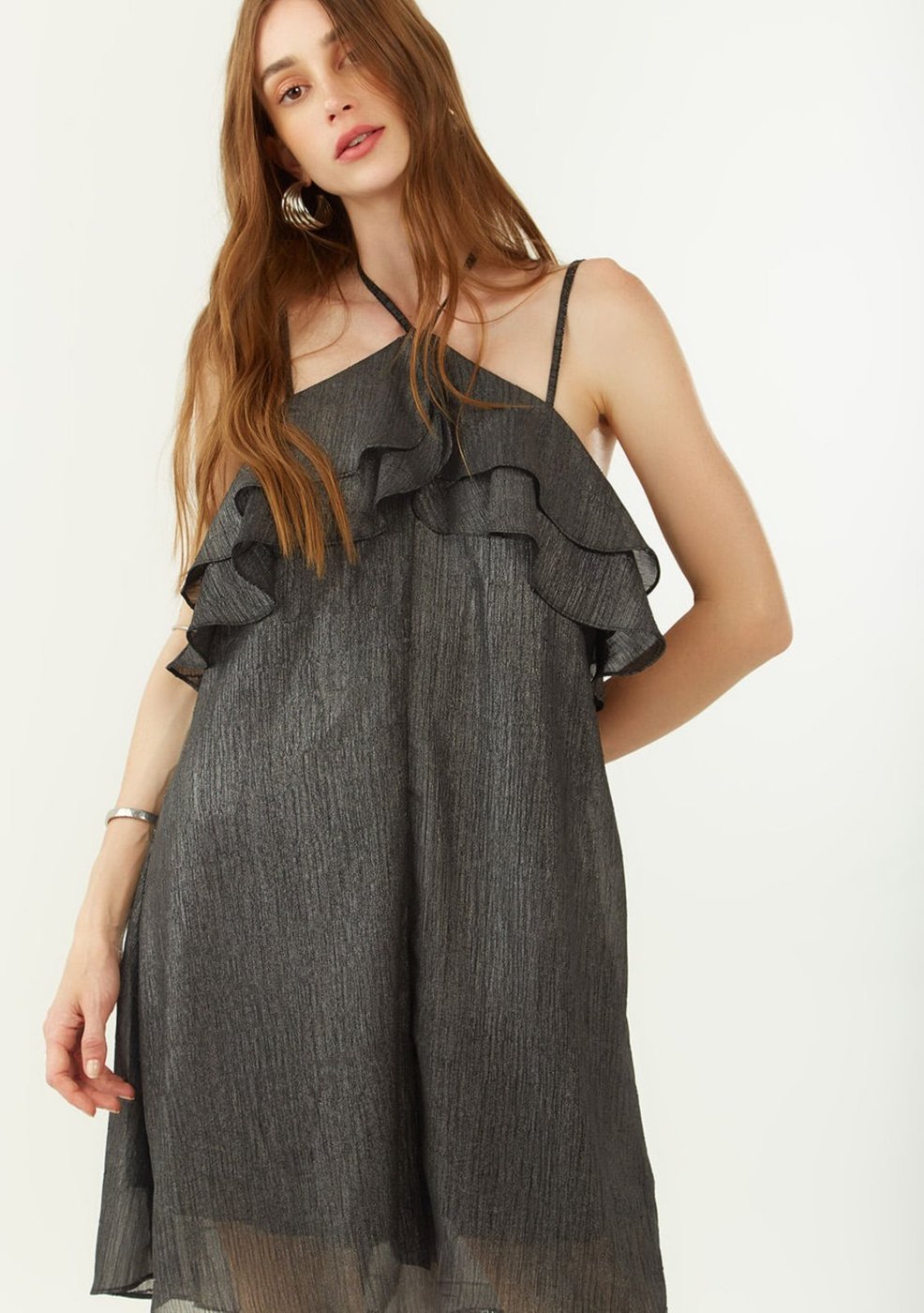 Vestido Zinco Solto Decote Reto Com Alça Curto