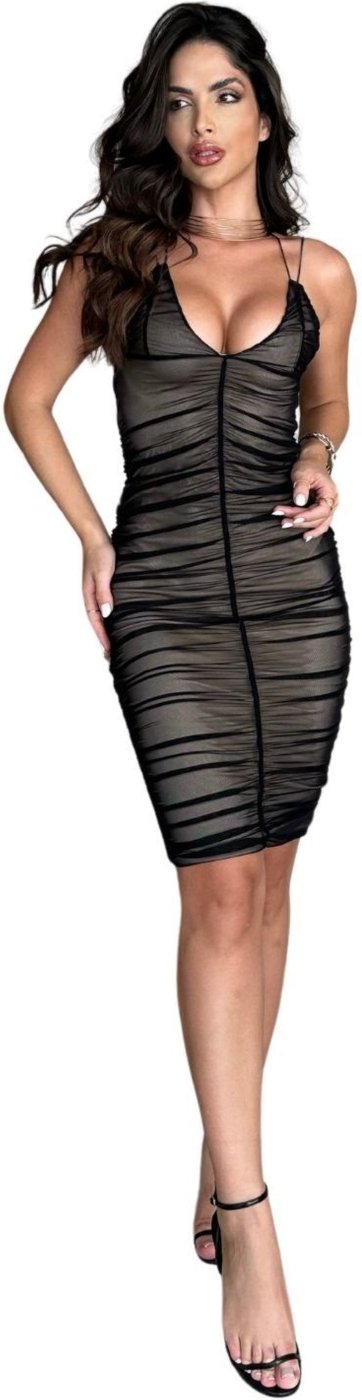 Vestido Midi Tubinho Alcinha Tule Sereia Kardashian Preto com Nude