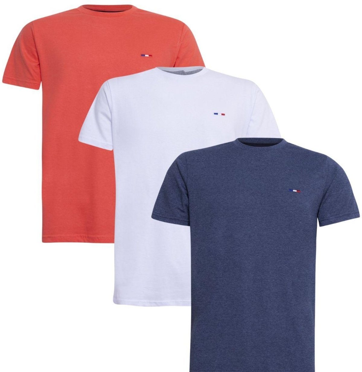 Imagem principal Kit 3 Peças Camisetas Básicas Masculina FMF Laranja Mescla em Algodão Premium no Estilo Tommy Bordado França branco azul FMF branco azul
