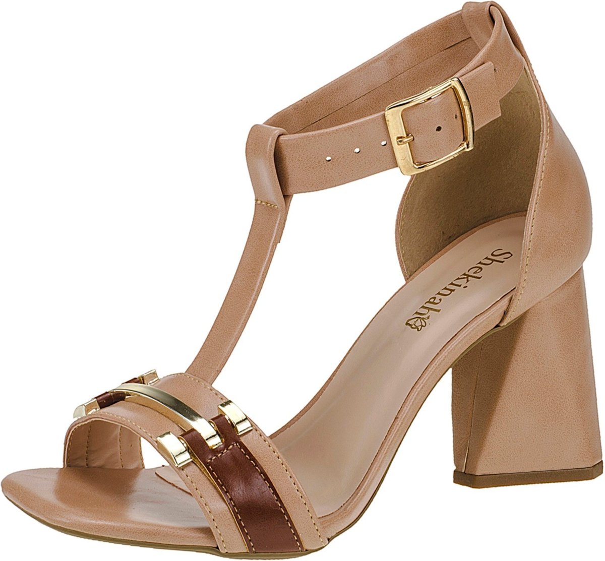 Sandália Feminina Salto Geométrico Pregado Shekinah Fivela Detalhe Dourada Luxo Elegante Social Moda