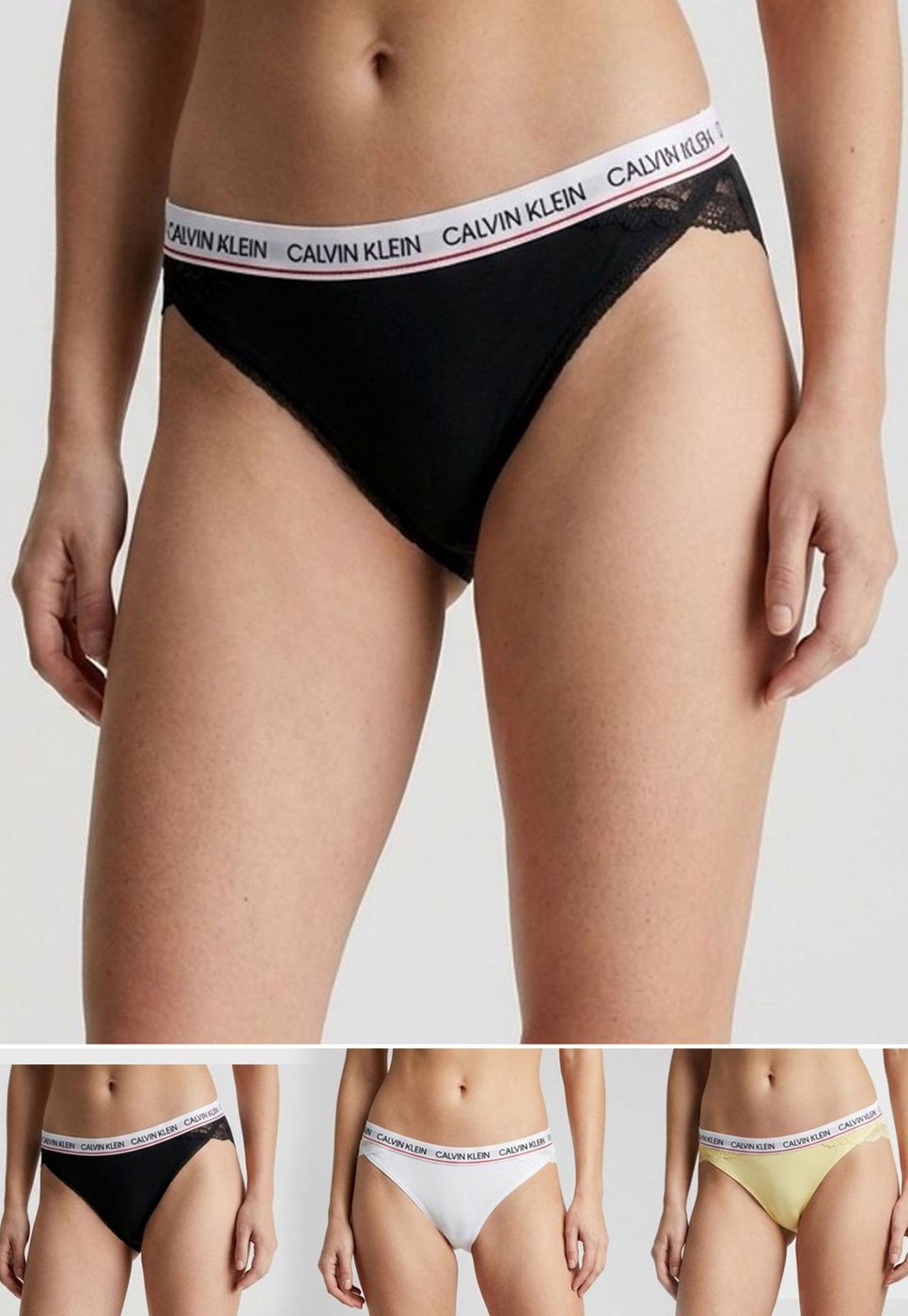 Imagem principal Kit 3 Calcinhas Femininas Calvin Klein Fio Dental Renda e Microfibra Branca Preta e Amarela Calvin Klein Underwear preto Calvin Klein Underwear preto