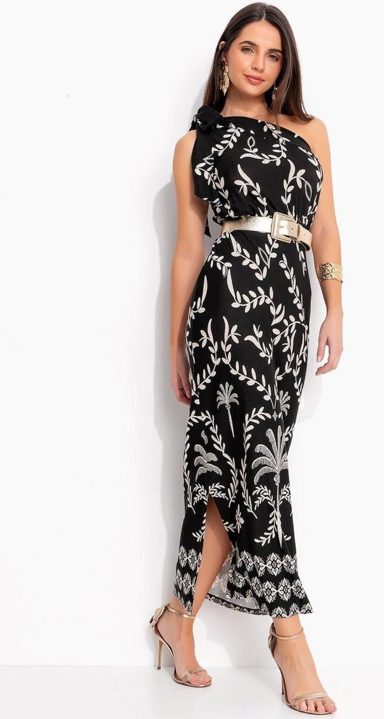 Imagem principal Vestido Em Malha De Viscose Barrado Coqueiros Quintess preto Quintess preto