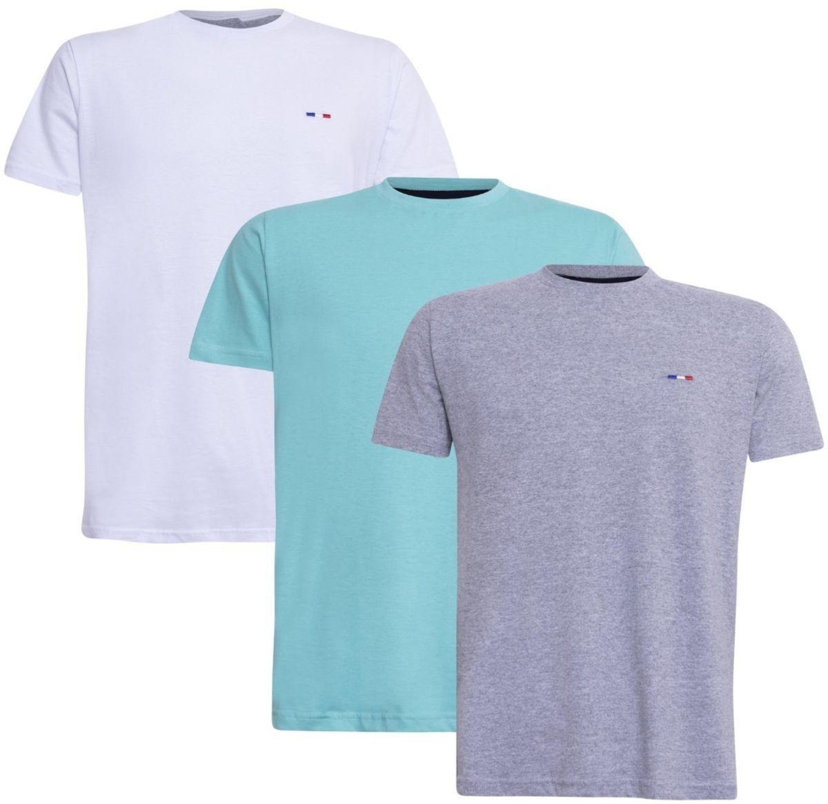 Imagem principal Kit 3 Peças Camisetas Básicas Masculina FMF Azul Cinza e Branco em Algodão Premium no Estilo Tommy Bordado França cinza azul FMF cinza azul