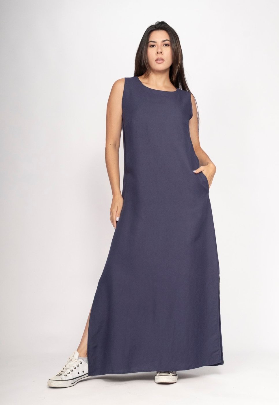 Vestido Cabanafree Longo Linho com Viscose com Bolso Marinho