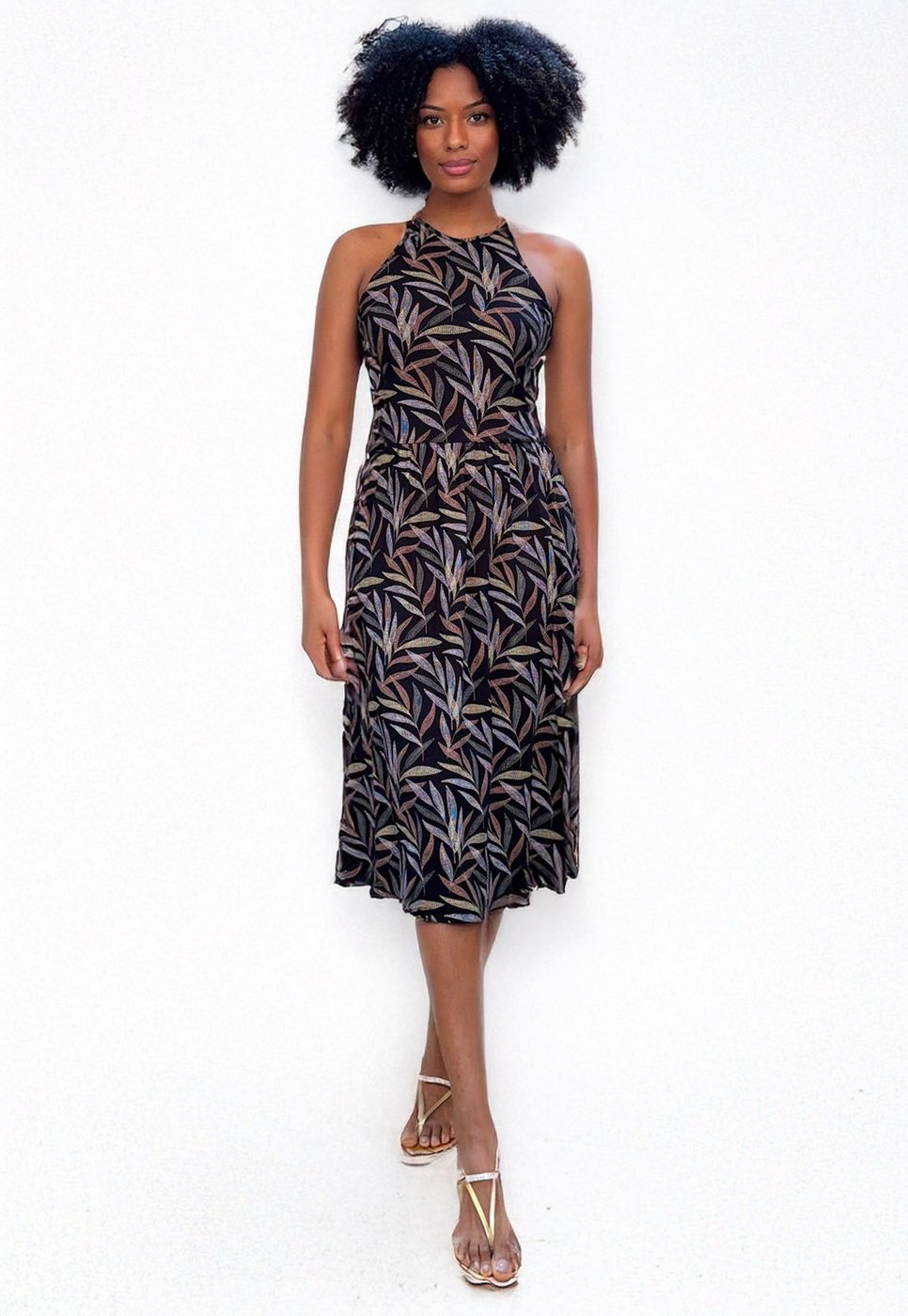 Vestido Midi Cabanafree Malha Trapézio Estampa Folhagem