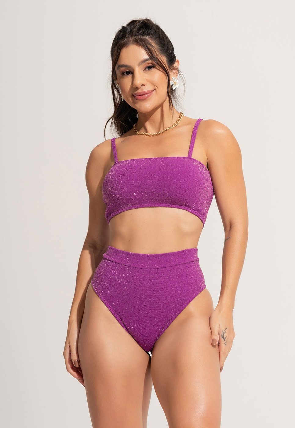Imagem principal Biquíni MVB Modas Lurex Top Faixa Hot Pants Cintura Alta Cropped Açaí roxo Mvb Modas roxo
