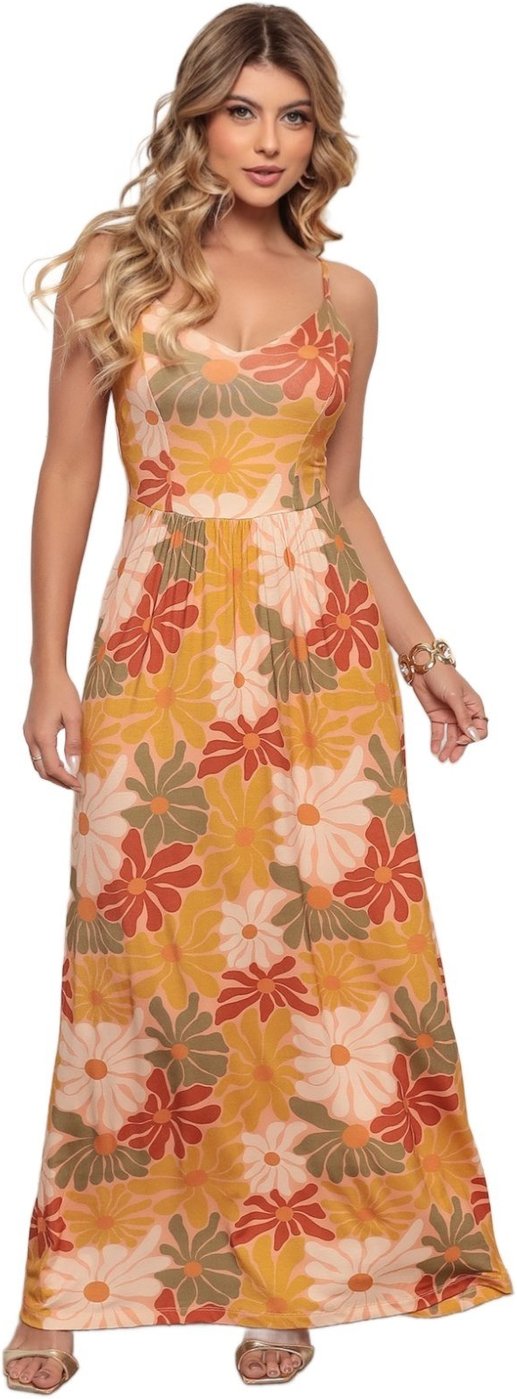Imagem principal Vestido Longo Casual Alcinha Dellamarca Estampa Total estampado/floral/laranja Dellamarca estampado/floral/laranja