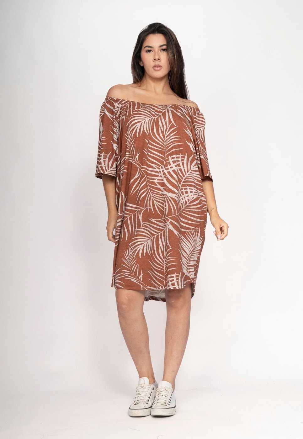 Vestido CabanaFree Curto Malha Ombro a Ombro Mullet Amplo Palmas da Terra