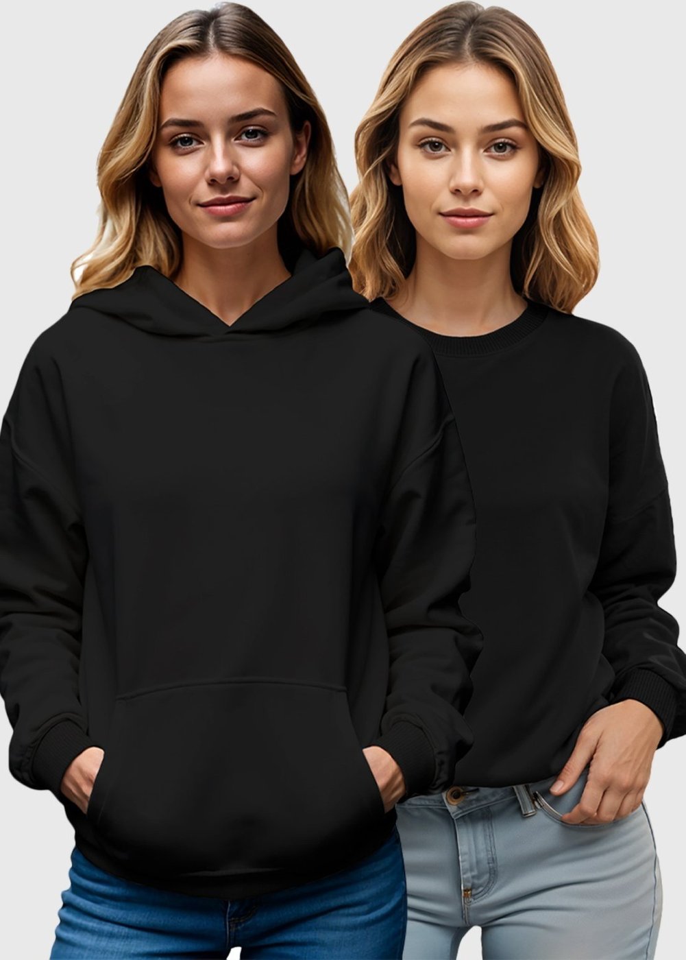 Imagem principal Kit 2 Moletom Canguru e Gola Redonda Feminino Flanelado Benellys Liso preto Benellys preto