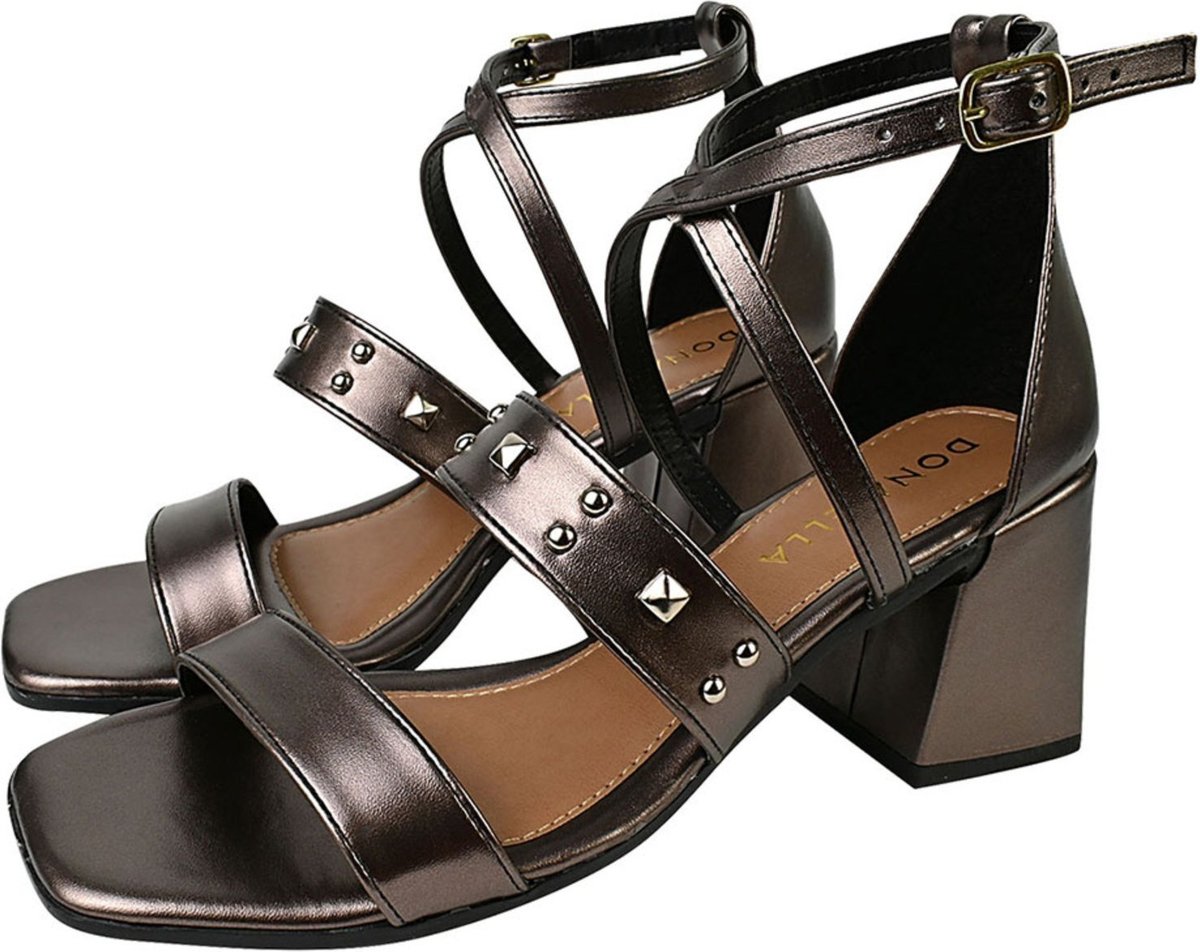 Sandália Feminina CM Calçados Bico Quadrado Salto Alto Casual Spike Hotfix Metalizado