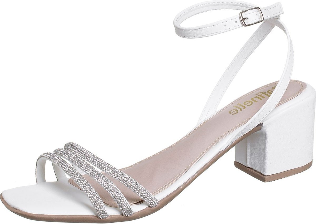 Imagem principal Sandália Salto Quadrado Feminina Com Brilho Salto Baixo Fecho em Tornozelo Minipasso branco Minipasso branco