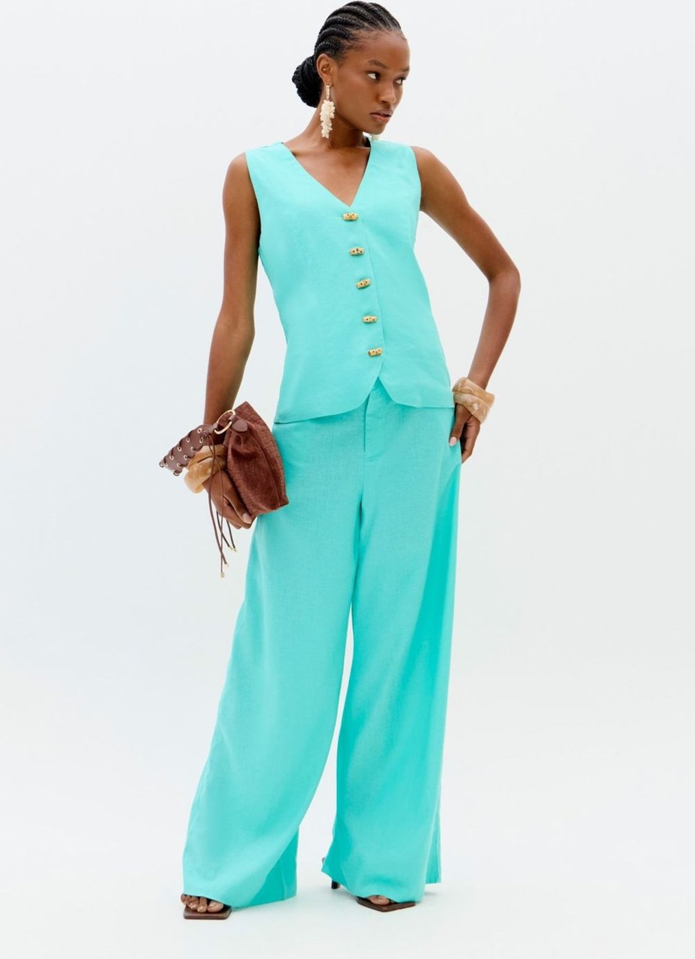 Calça Wide Leg Cintura Alta Com Linho