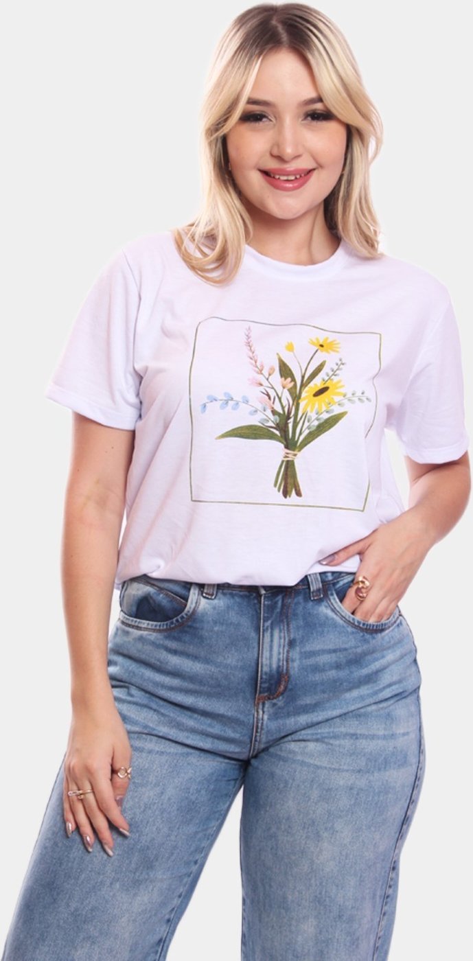 Imagem principal Tshirt Blusa Feminina Flores Retângulo Estampada Manga Curta Camiseta Camisa ADRIBEN branco ADRIBEN branco