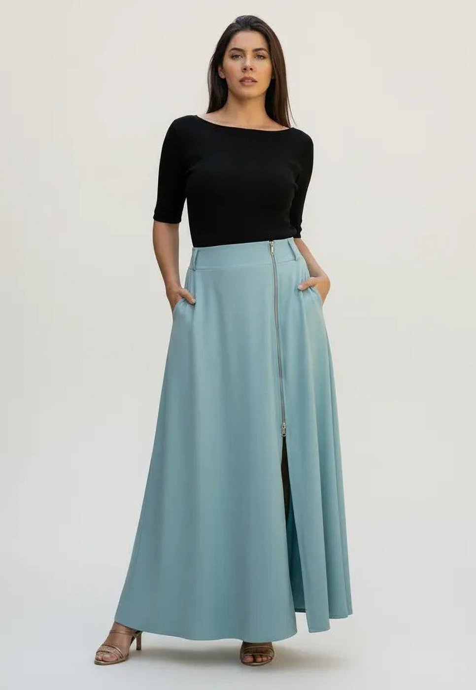 Saia Cabanafree Midi com Zíper Turquesa Suave