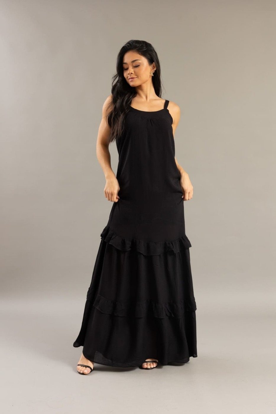 Vestido Longo Feminino com Babado Alça Fina Lemier Collection