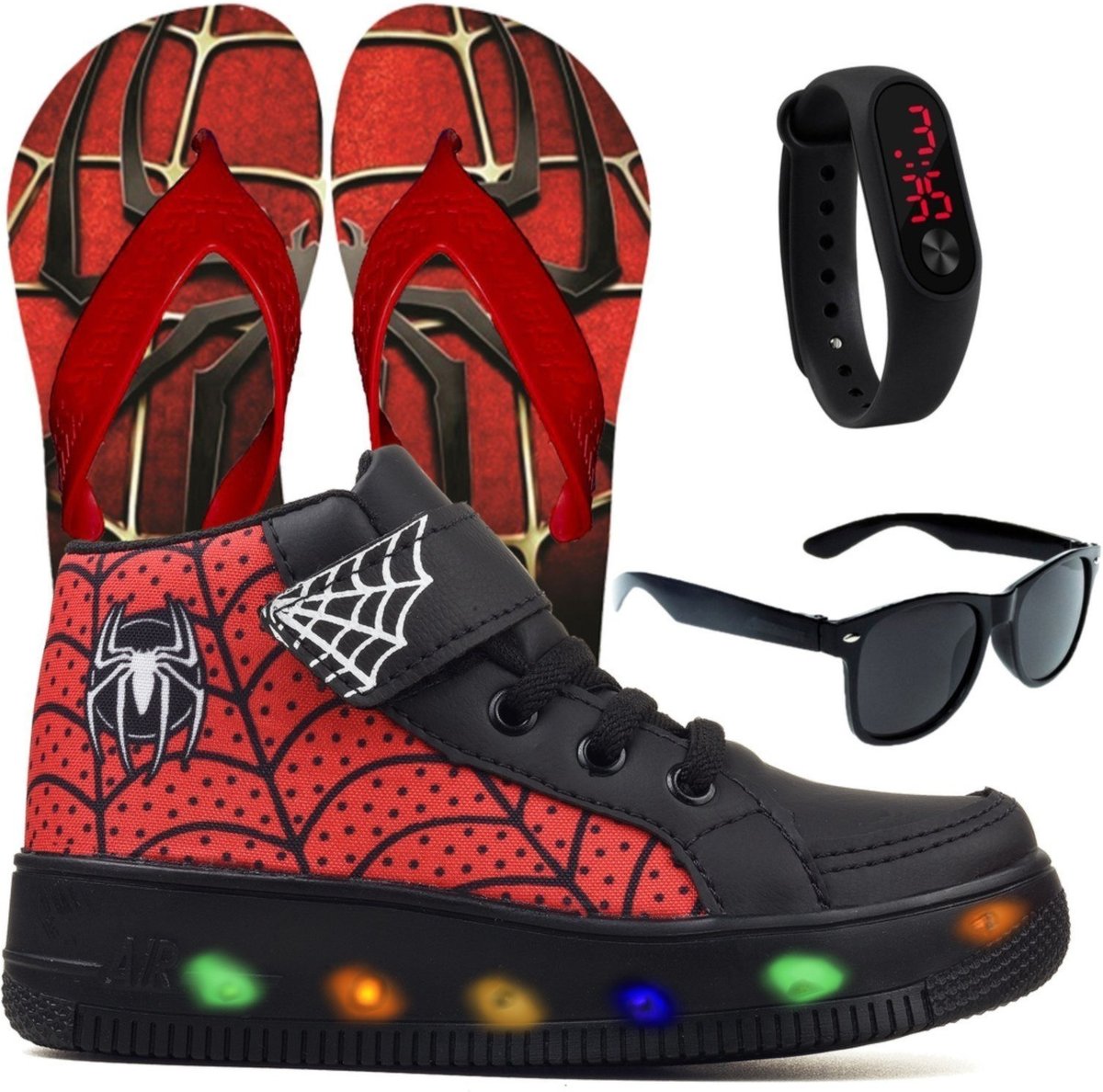 Infantil - Tenis Masculino De Led Botinha Aranha Calce Facil + Chinelo + Brindes